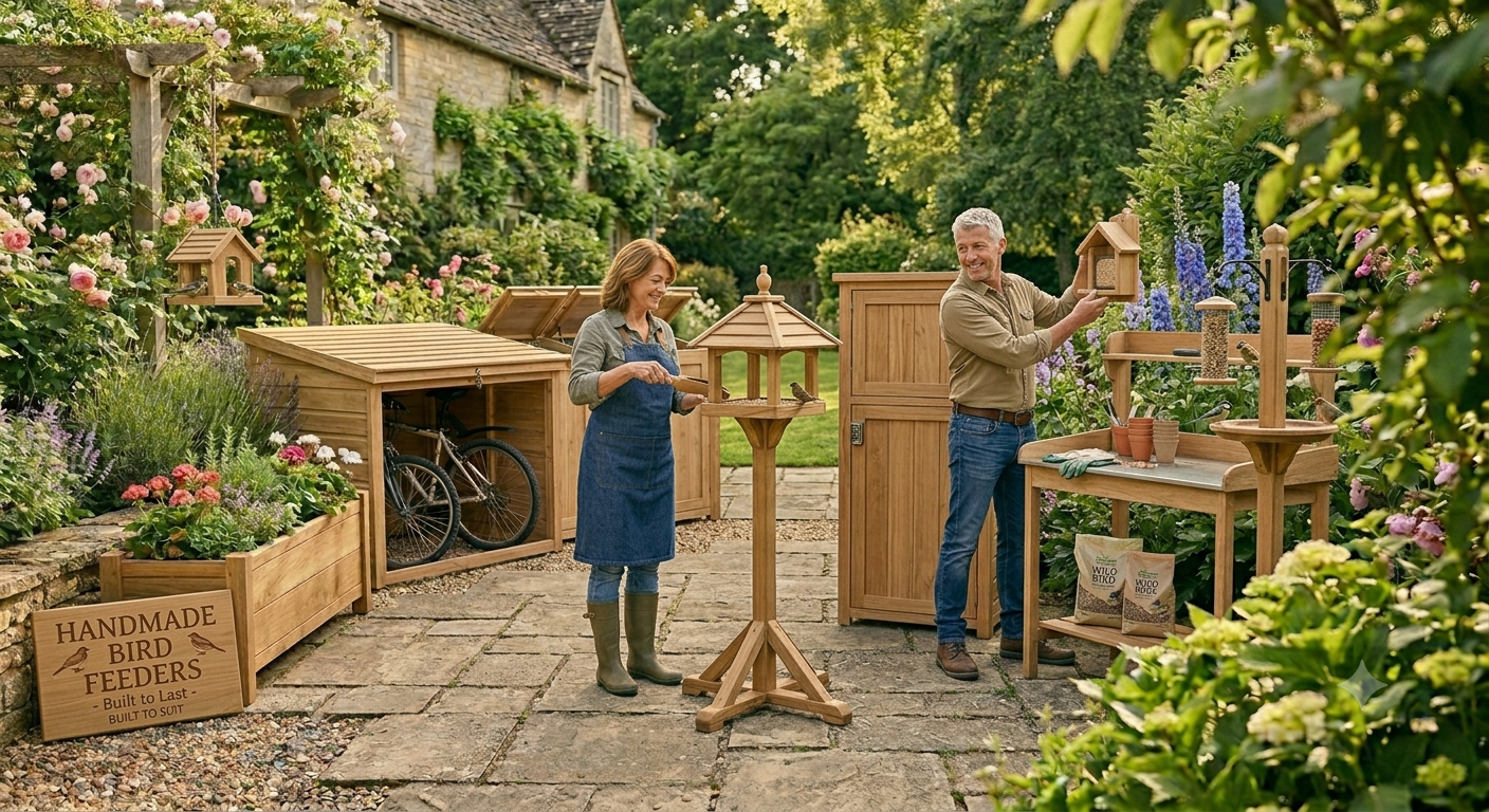 Handmade wooden bird feeders crafted for gardens in Exeter and Devon
